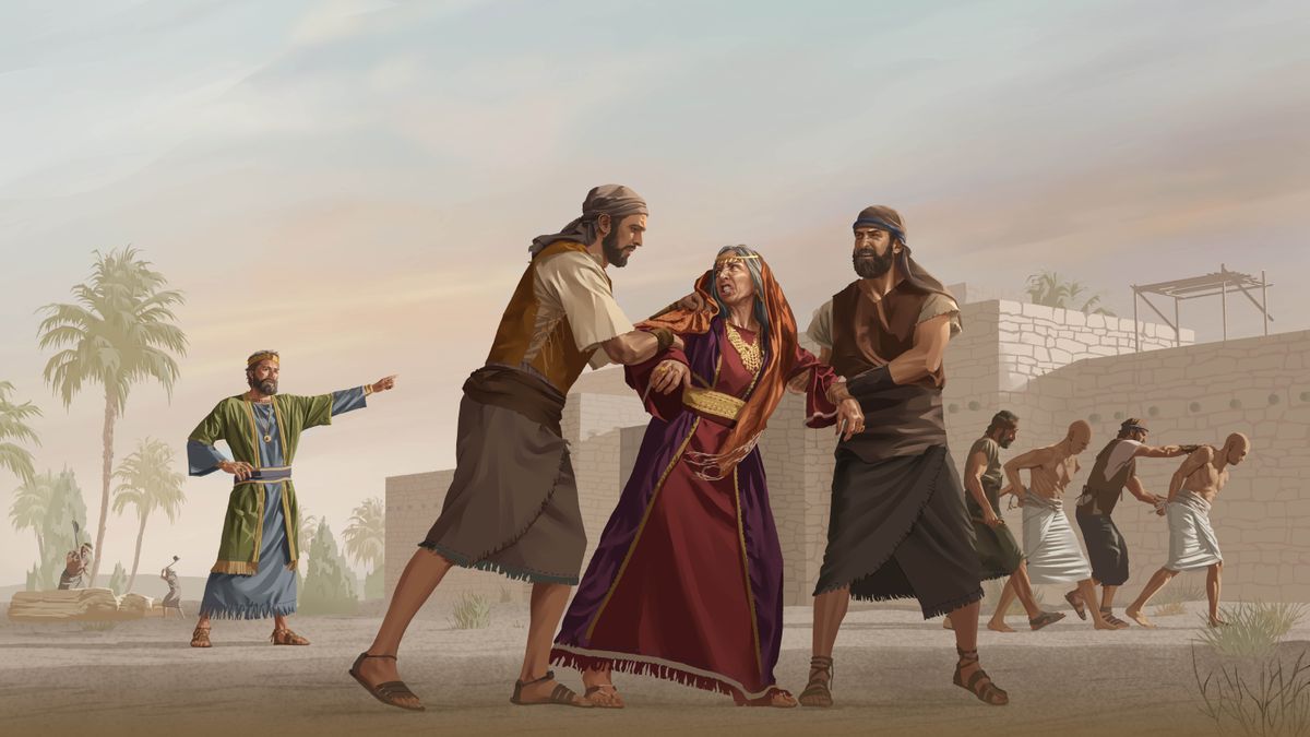 King Asa clearing out false worship from Judah. Maacah struggles and puts up a fight as soldiers arrest her. Male temple prostitutes are led away as prisoners. Men cut down the idols.