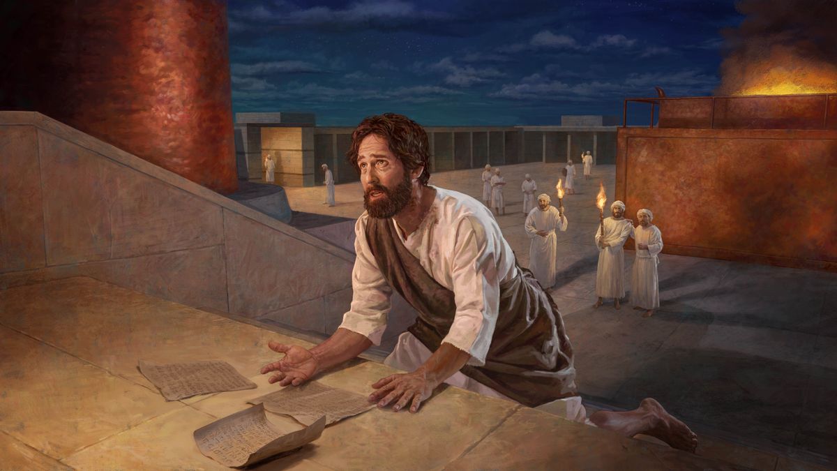 Hezekiah begging Jehovah for help as he kneels on the temple steps with Sennacherib’s letters in front of him. Some priests observe from a distance.