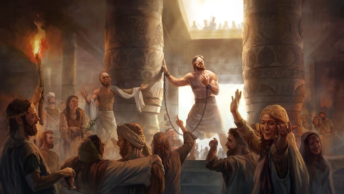 Samson standing between two pillars and praying while a large crowd of revelers mock him.