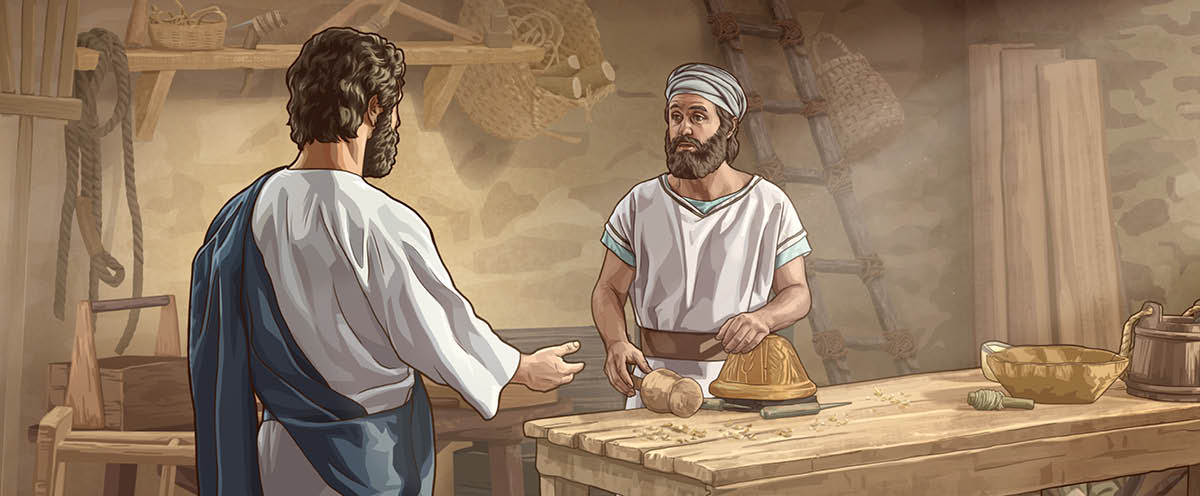 Jesus approaching his brother James in a carpentry shop. James is surprised to see him.