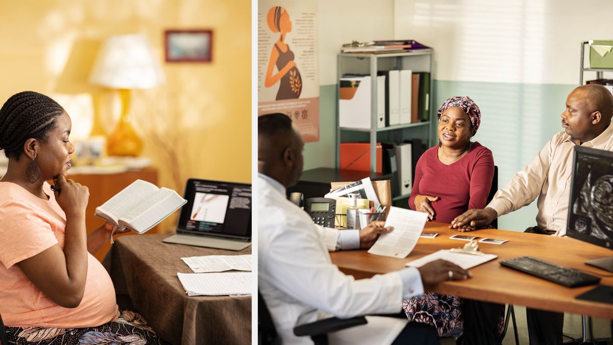 Collage: 1. A pregnant sister uses her Bible, tablet, durable power of attorney, and notebook to prepare for her baby’s upcoming birth. 2. Later, she is at the doctor’s office with her husband, explaining her position on medical procedures involving blood. The doctor reviews her durable power of attorney as he listens to her.