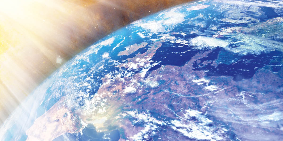 The earth, as seen from outer space, is bathed in sunlight