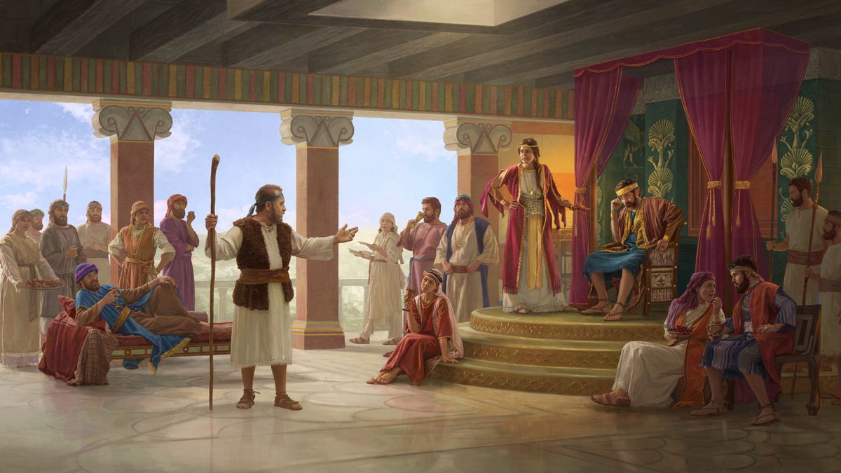 Elijah speaking to King Ahab at the ornate royal palace. Ahab sits and listens to Elijah while Jezebel stands and opposes him. Others look skeptically at Elijah.