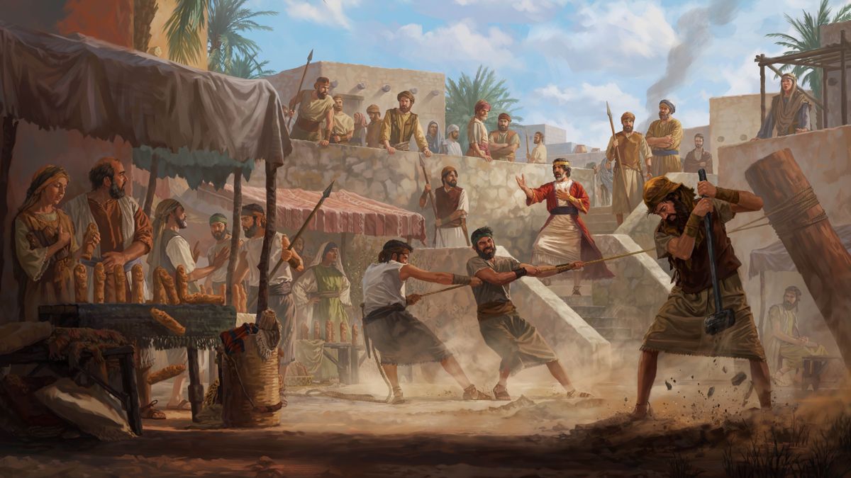 Manasseh addressing Jerusalem’s townspeople at a bustling marketplace where booths are filled with idols. Soldiers pull down a sacred pole and destroy the idols.