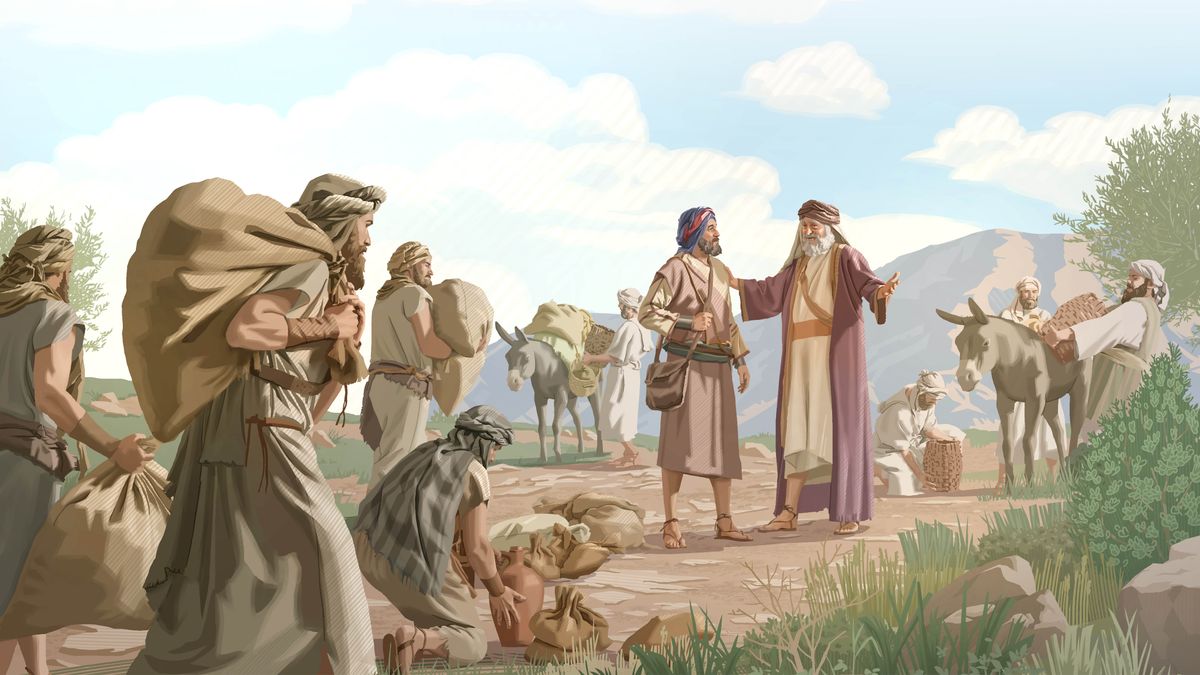 Abraham and his men giving Melchizedek spoils from the war.