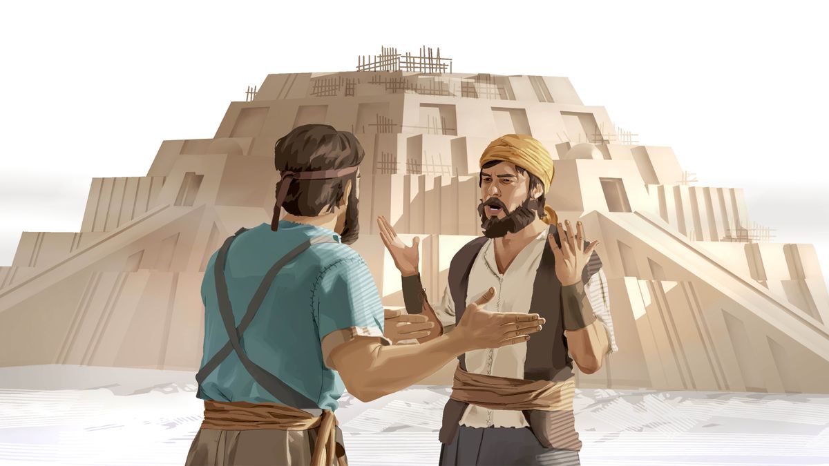Two frustrated men at the tower of Babel, trying unsuccessfully to communicate with each other.
