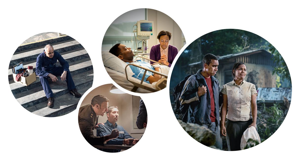 Collage: Brothers and sisters facing trials. 1. A downhearted brother sits outside on a set of stairs after he loses his job. 2. An imprisoned brother is interrogated by an officer. 3. A sister at a hospital prays silently at her sick husband’s bedside. 4. A couple in distress after surviving a natural disaster.