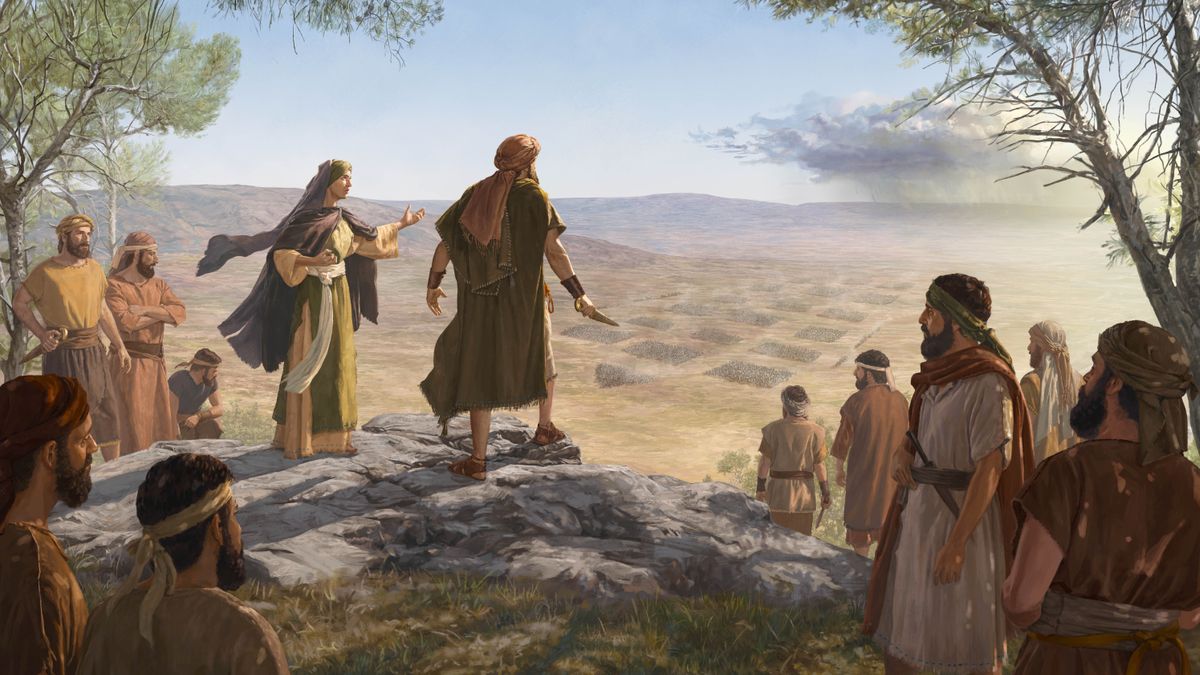 Deborah, Barak, and his army atop Mount Tabor, watching Sisera’s army of chariots advance toward them.
