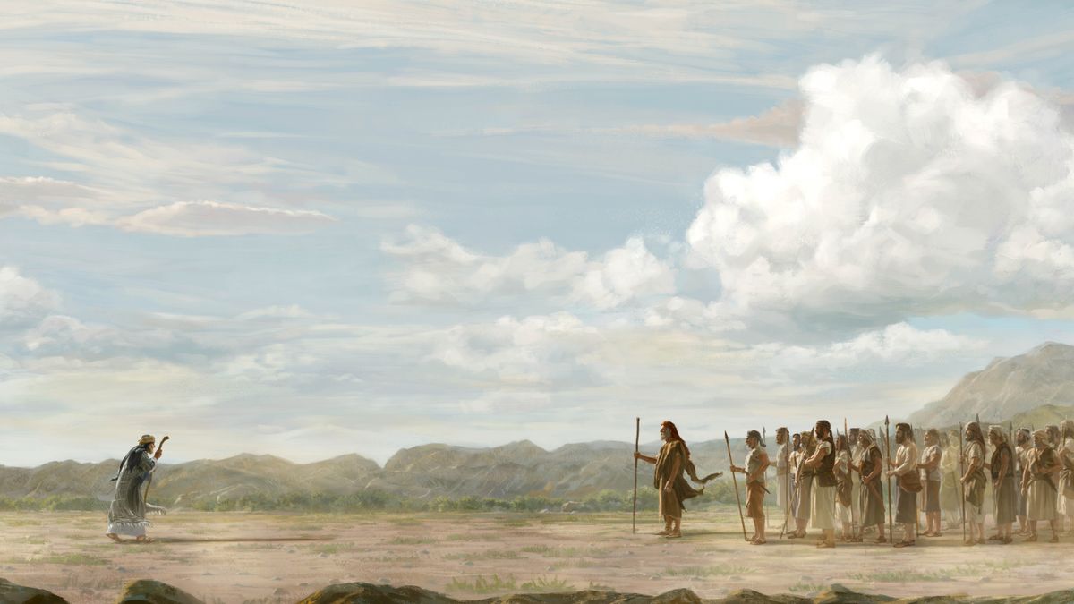 Jacob limping as he approaches Esau and his men.