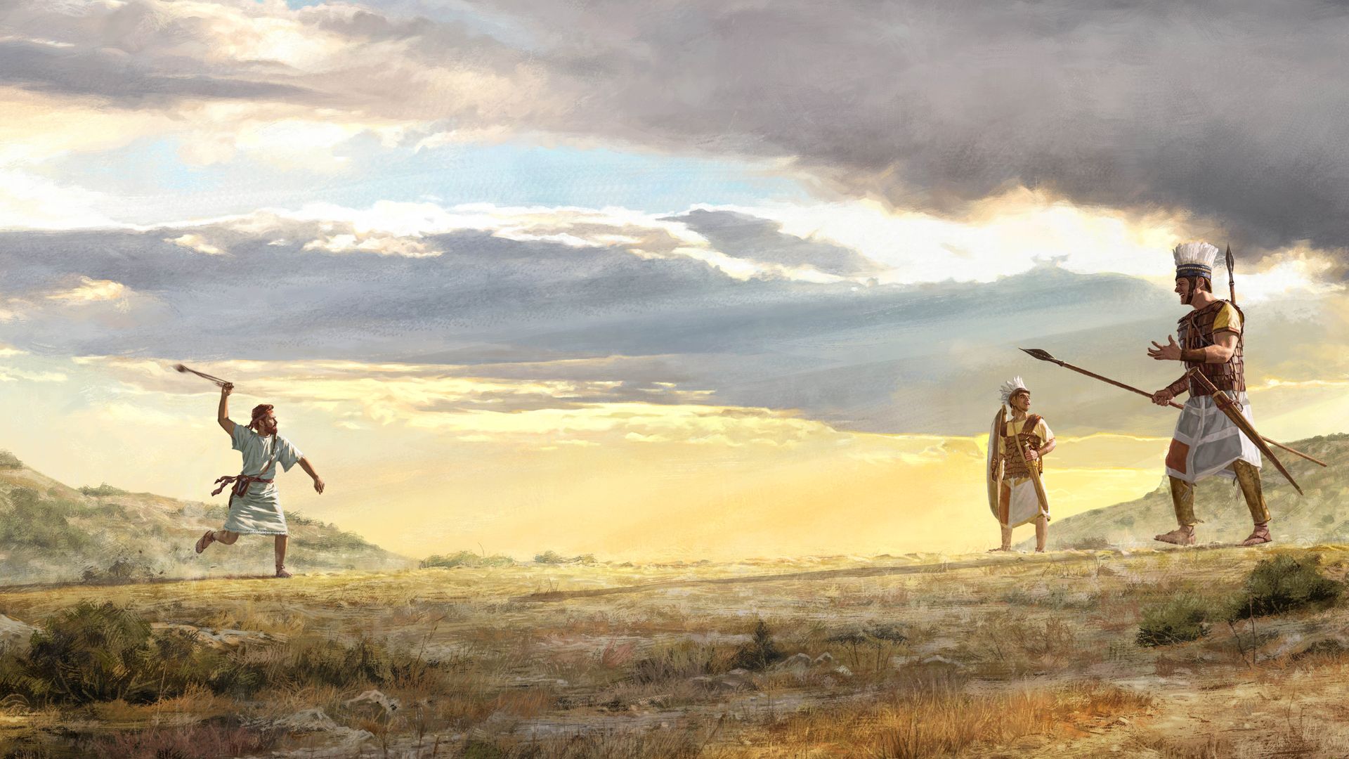 David whirling a stone in a sling over his head and running toward Goliath. Goliath, with his armor-bearer at his side, advances toward David while taunting him.