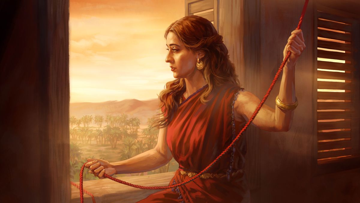 Rahab tying a scarlet cord in the window of her house.