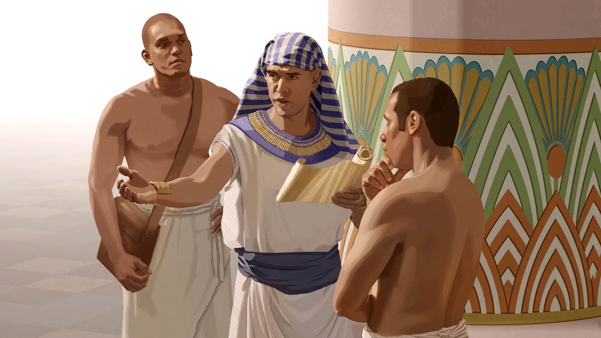 Joseph, now prime minister of Egypt, directing two Egyptian slaves.