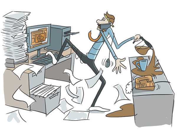 A cartoon of an employee multitasking