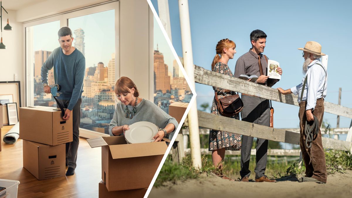 Collage: 1. A young couple happily pack their belongings and move out of a comfortable high-rise apartment in a city. 2. The couple preach joyfully to a farmer in a rural territory.