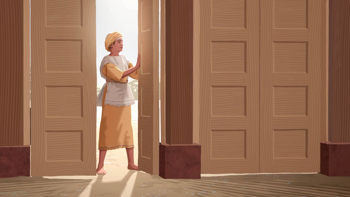 Young Samuel opening the doors to the tabernacle courtyard.