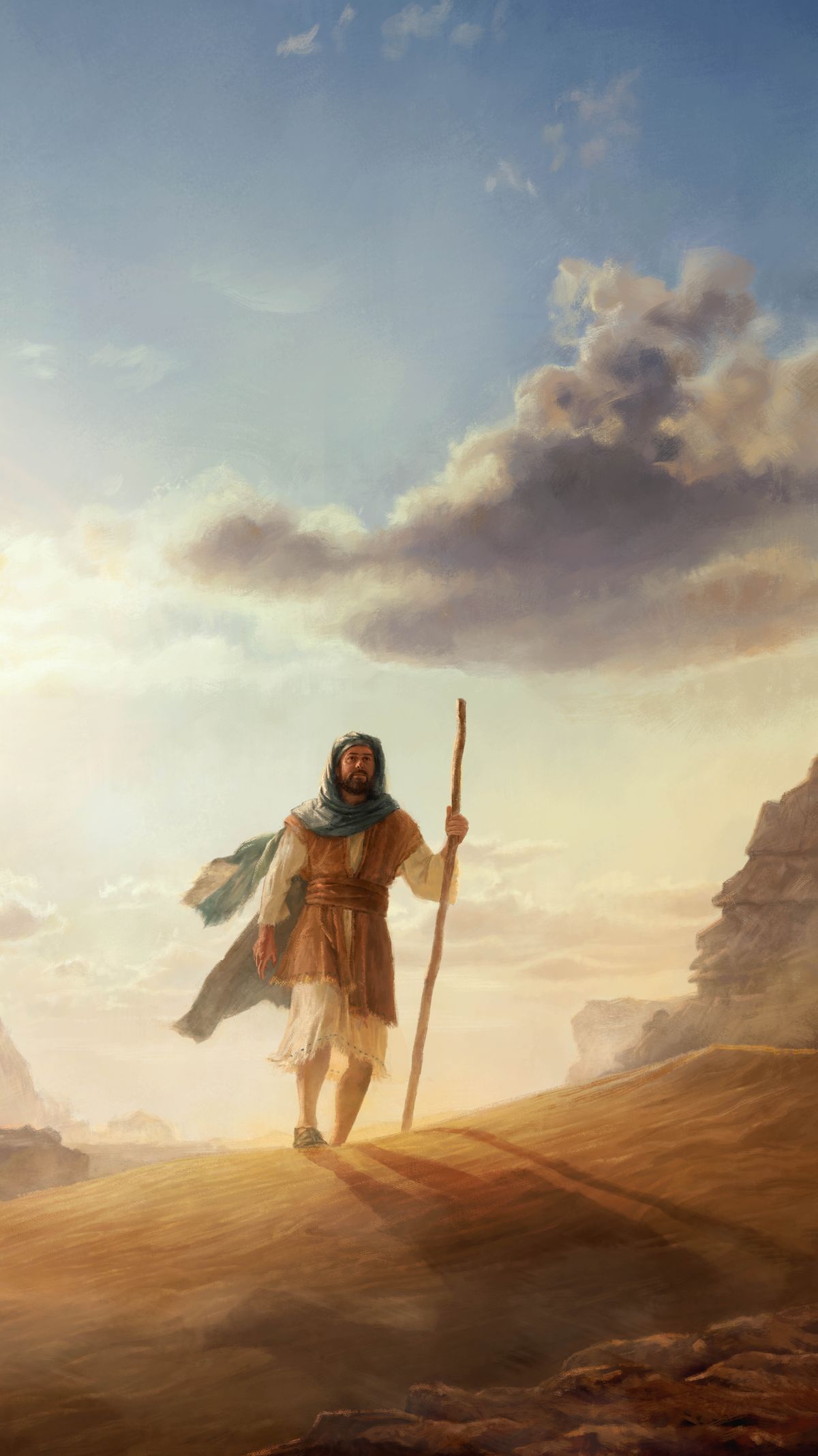 A man in Bible times walking across a vast desert landscape.