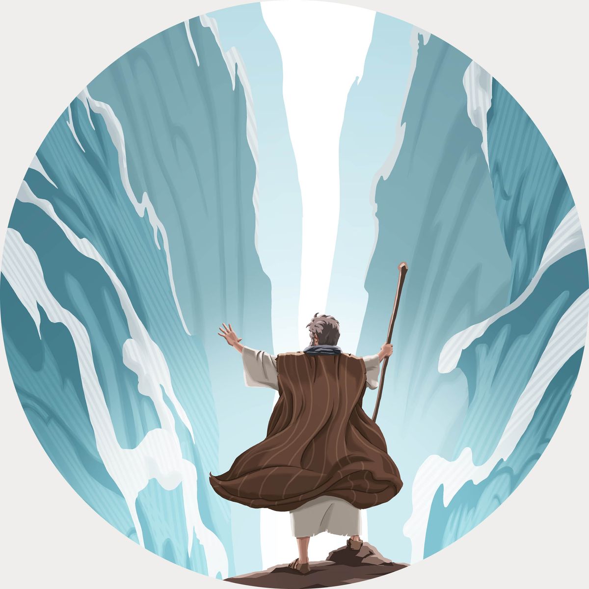 Moses lifting up his rod while Jehovah splits the Red Sea into two high walls of water.