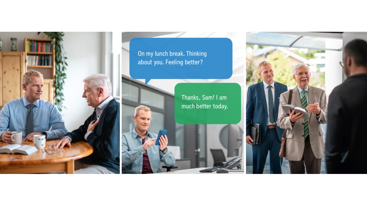 Collage: A young elder showing concern for an older brother in the congregation. The scenes are repeated next in this chapter.