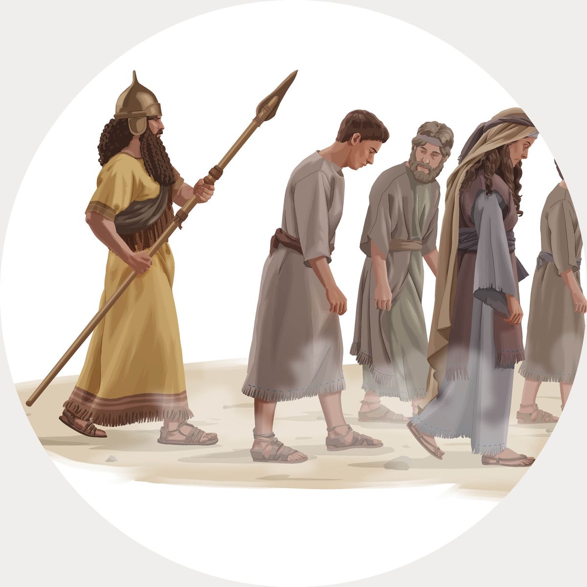 An Assyrian soldier carrying a spear, walking behind a group of Jewish captives.
