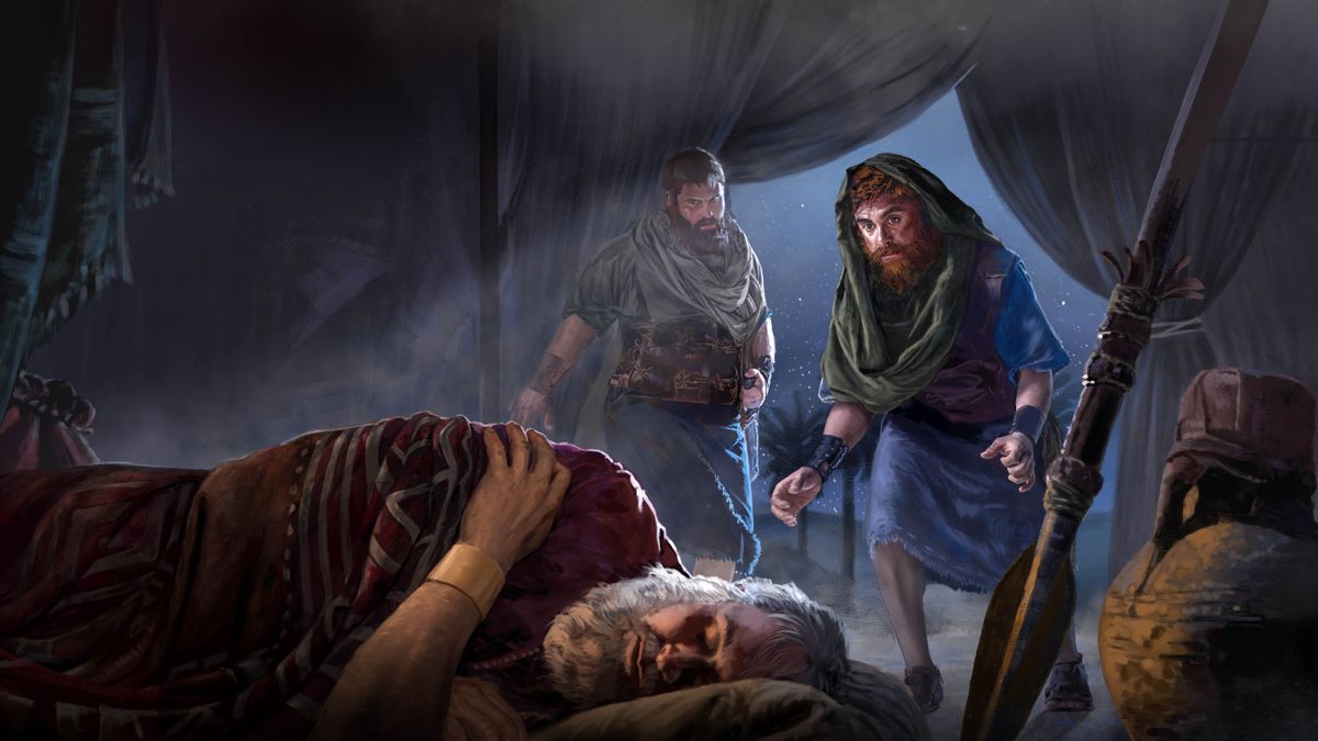 David and Abishai stealthily entering Saul’s tent during the night while he is fast asleep. Saul’s spear stands next to his head.