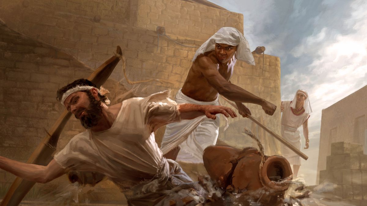 Moses observing an Egyptian taskmaster viciously beating a Hebrew slave.