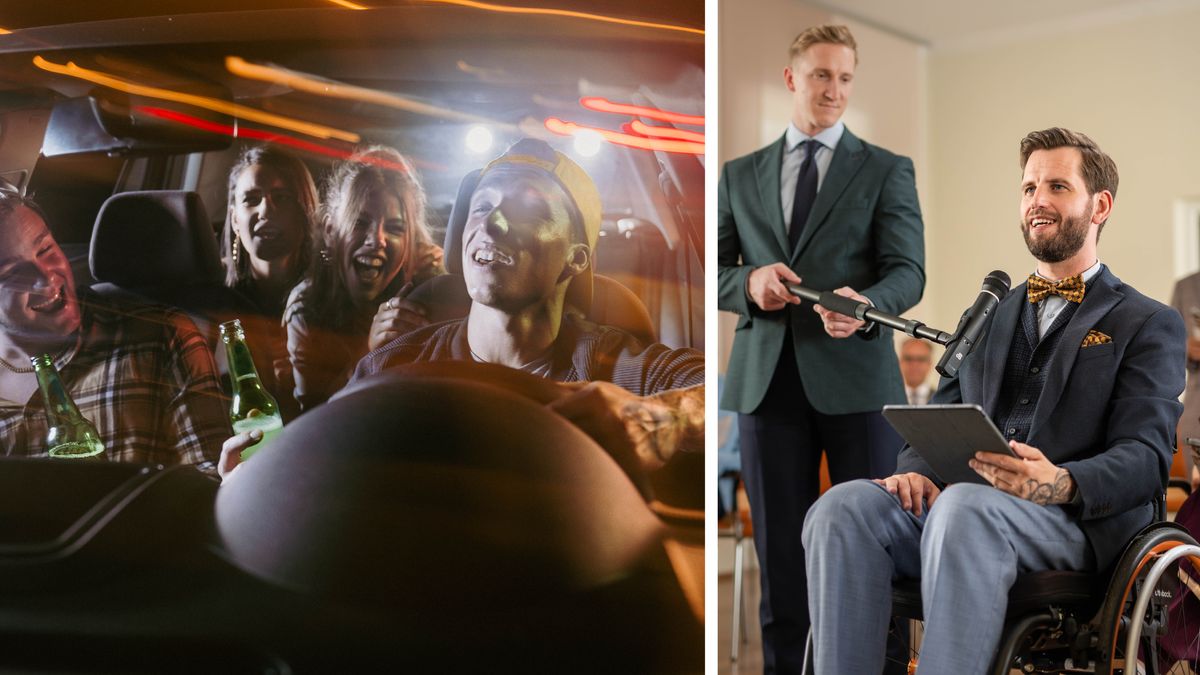Collage: 1. A young man drinks beer with his friends while they drive in a car at night. 2. Years later, he sits in a wheelchair and comments at a congregation meeting. His left hand is covered in a tattoo.