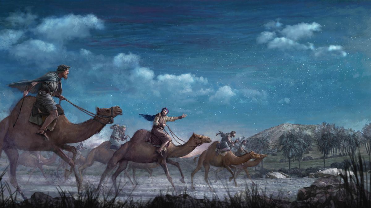 Abraham and his men riding on camels and charging across a moonlit landscape.