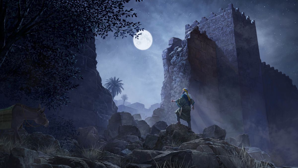 Nehemiah surveying a section of Jerusalem’s ruined walls during the night.