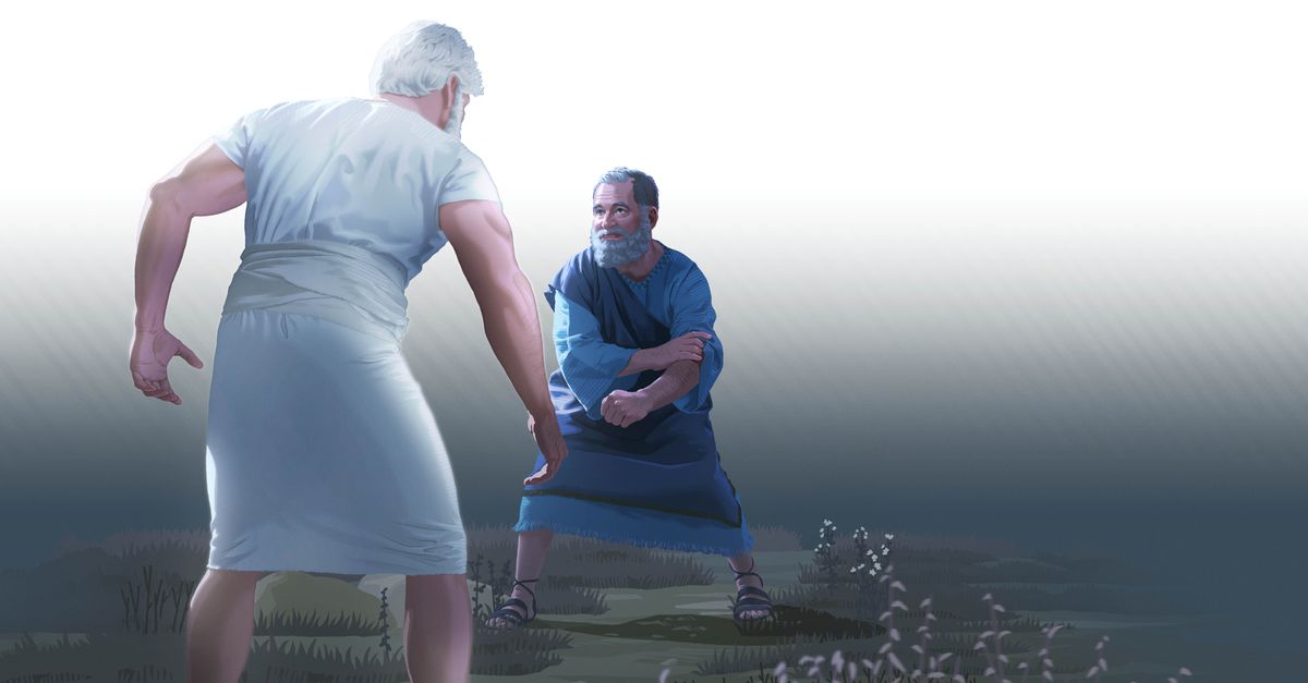 Jacob facing a materialized angel and preparing to wrestle him.