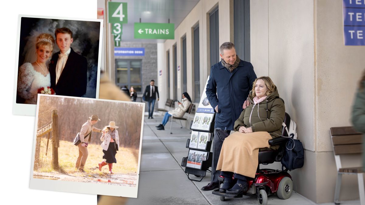 Collage: A husband loyally sticking to his wife over many years. 1. He and his wife on their wedding day. 2. Sometime later, they work together in the field ministry in a remote area. 3. Presently, they engage in cart witnessing together. The husband stands beside his ill wife and places his hand on her shoulder. The wife sits in a motorized wheelchair and breathes with the help of an oxygen tank.
