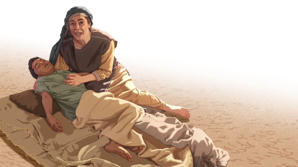 The widow of Zarephath, holding her lifeless son in her arms and pleading for help.