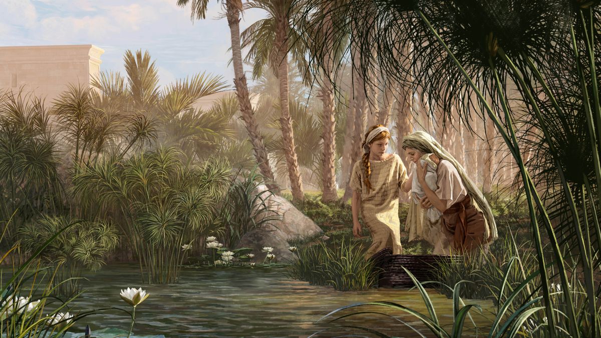 Jochebed with Miriam by her side, lowering baby Moses into a papyrus basket among the reeds by the bank of the Nile River.