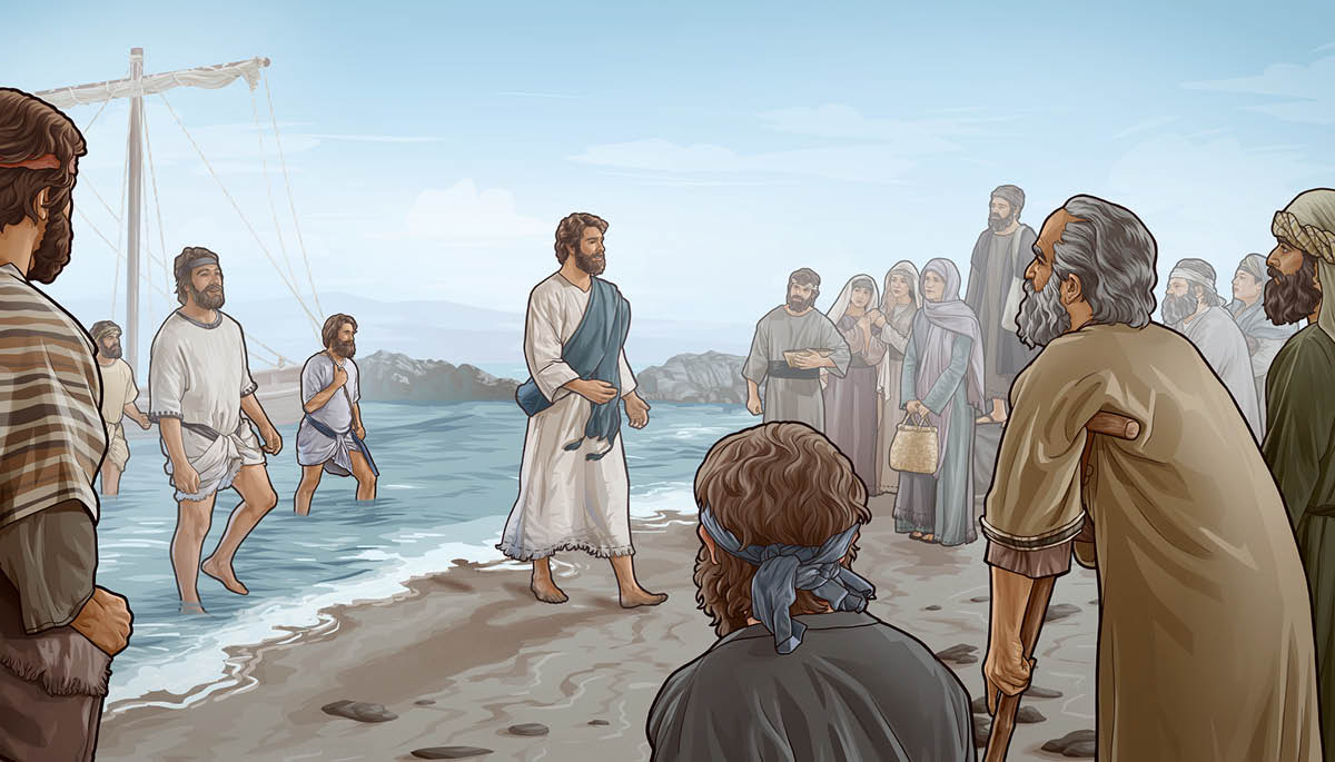 Jesus and his disciples walking from their boat toward a crowd of people waiting for them on the beach.