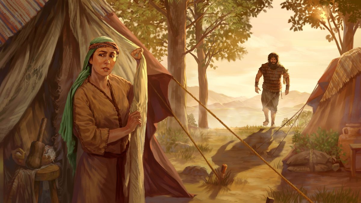 Jael standing outside her tent while Sisera approaches on a path toward her. A wooden hammer is inside the tent.