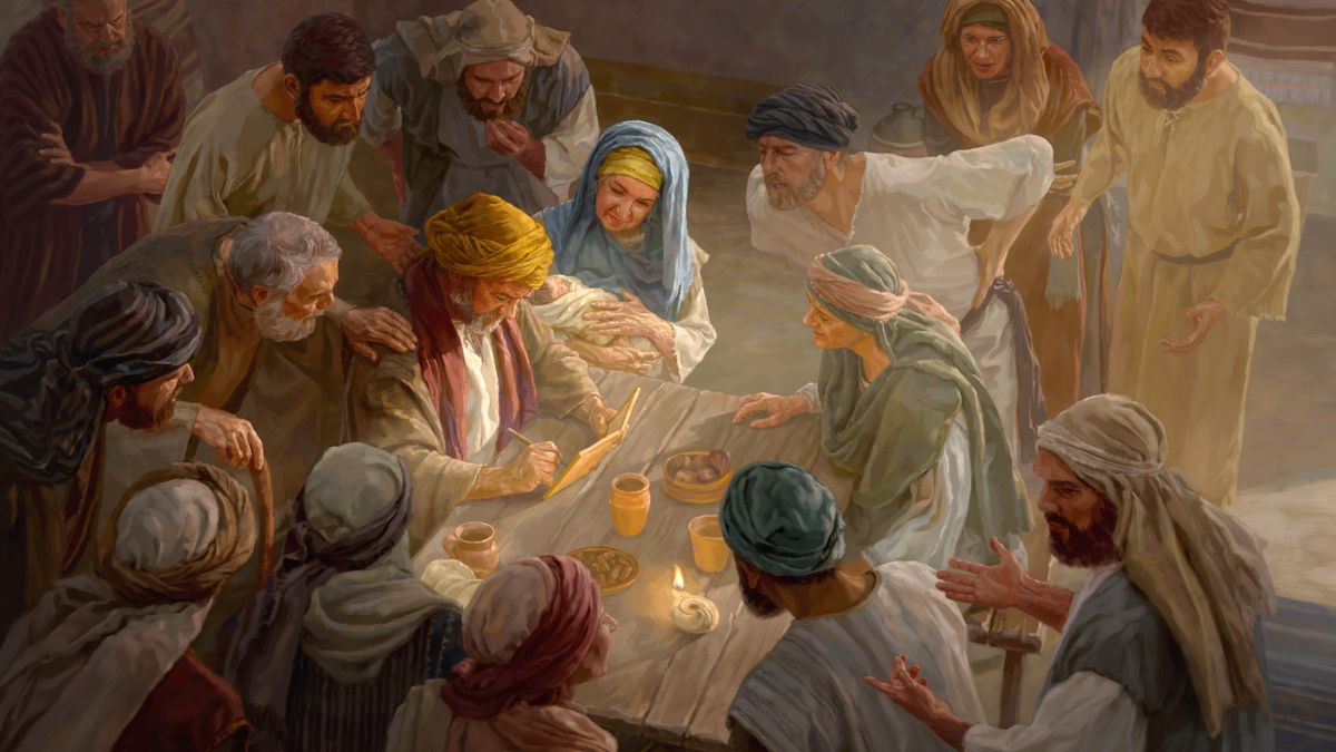 Zechariah writing on a tablet while Elizabeth sits beside him, holding their baby. Neighbors and relatives surround Zechariah and watch him intently.