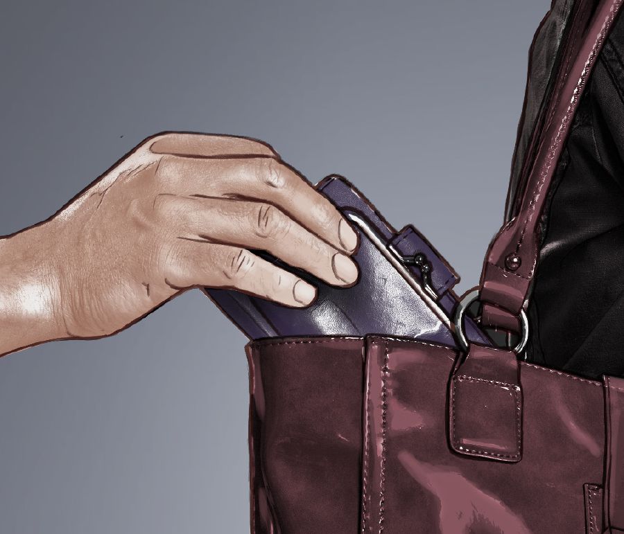 A person steals a wallet out of a bag
