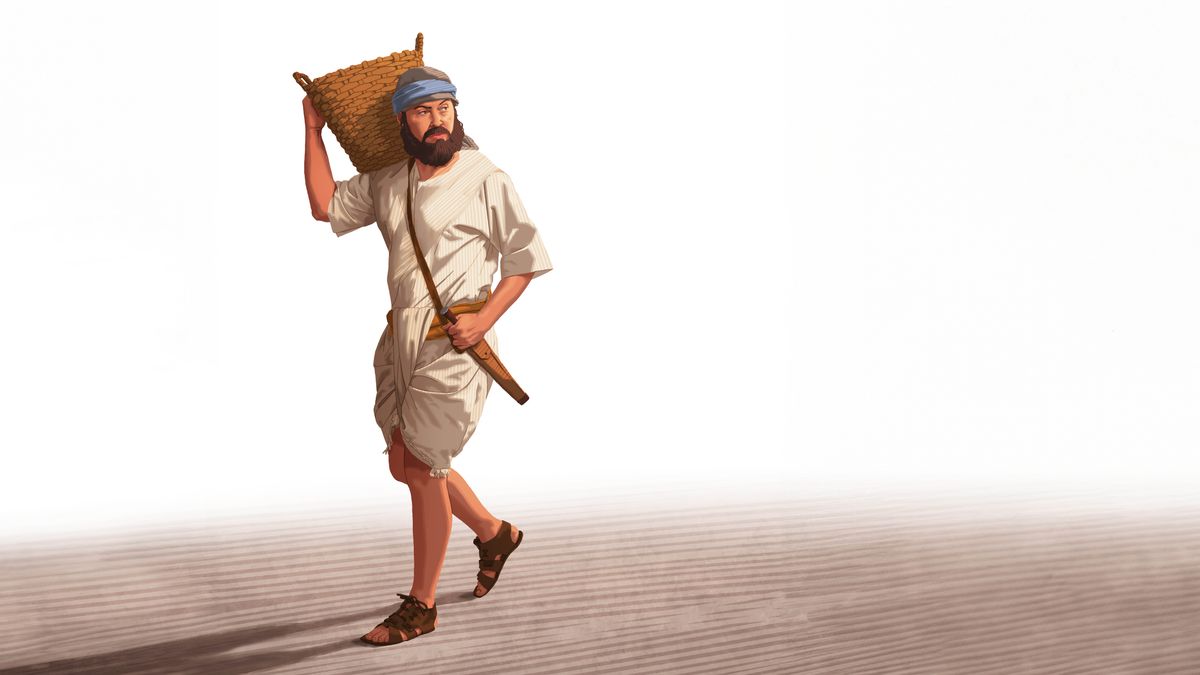 A builder holding a basket on his shoulder with one hand while gripping a sword fastened to his hip with the other hand.