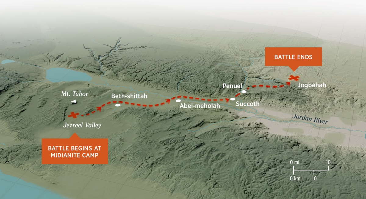 A map displaying the rugged terrain and the distance covered by Gideon and his men while chasing the Midianites from the Jezreel Valley to Jogbehah.