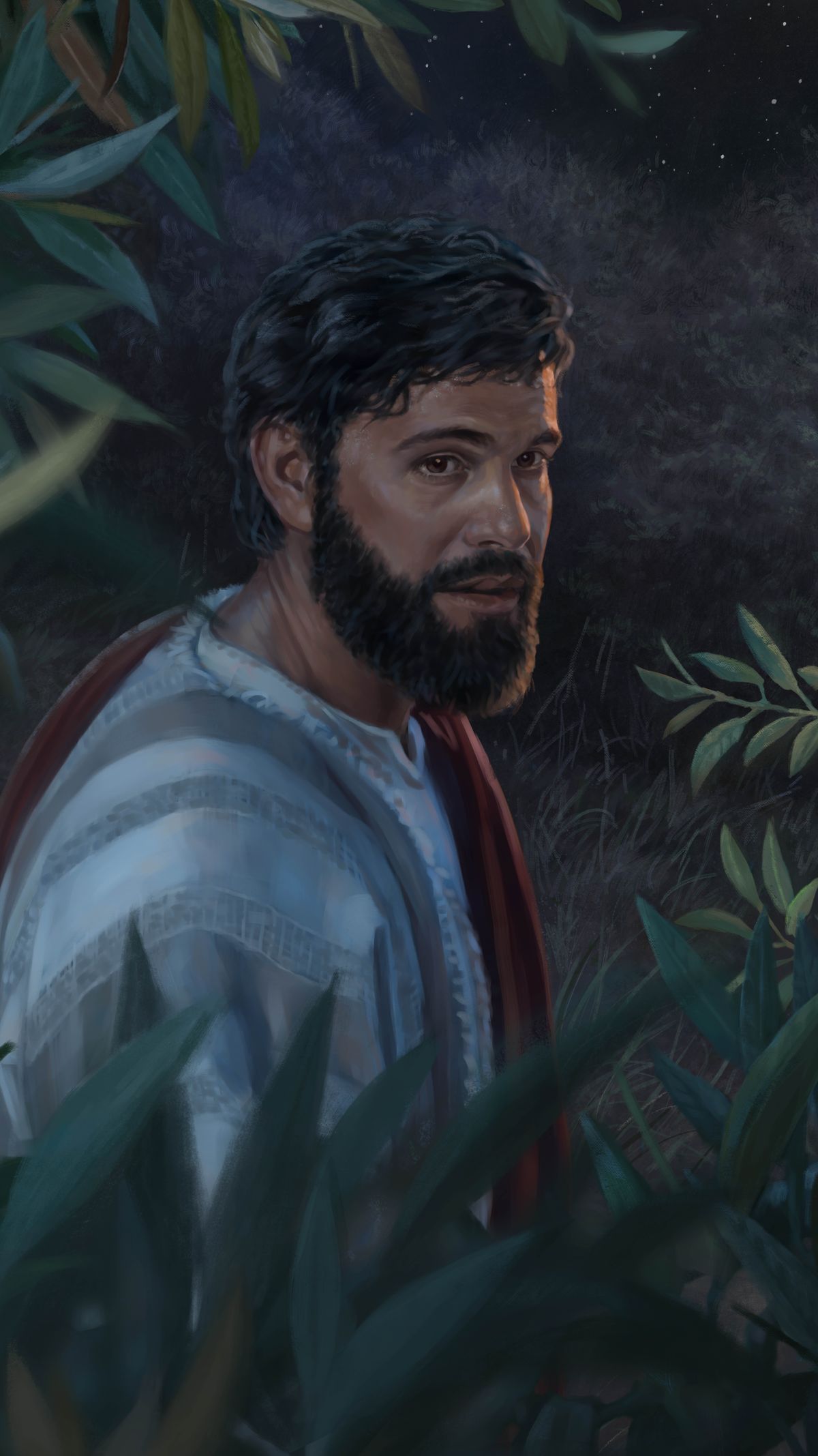 Jesus in the garden of Gethsemane, patiently waiting to be arrested.