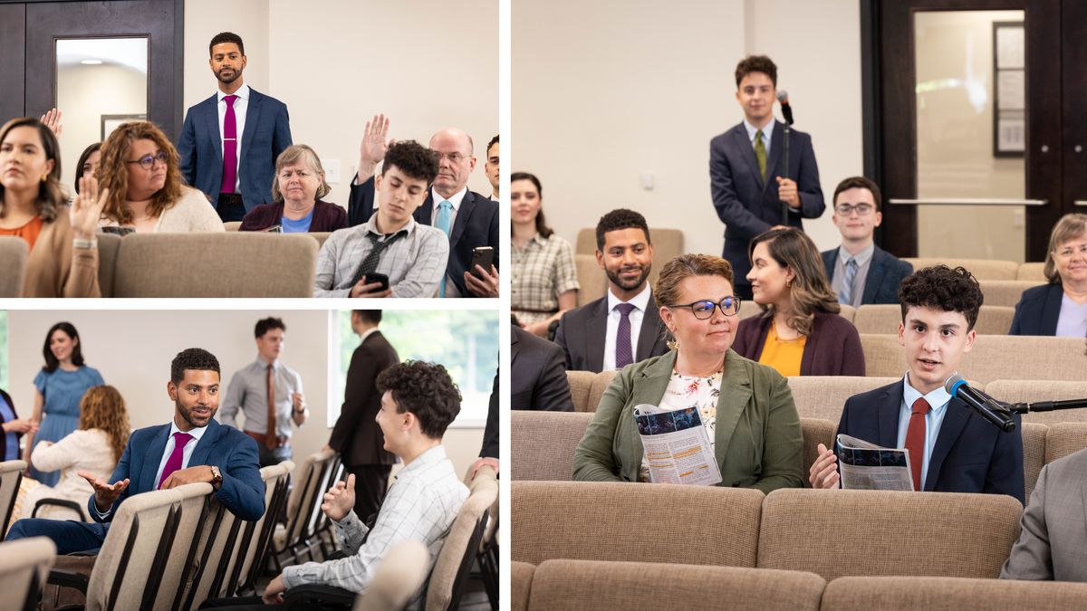 Collage: A brother encouraging a sister’s teenage son in the congregation. The next three images show each scene separately.