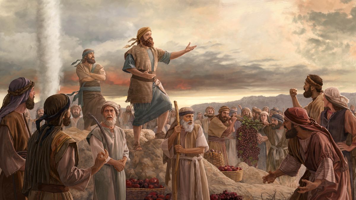 Caleb speaking to fellow Israelites, showing them samples of produce from the Promised Land. Joshua, Moses, and Aaron are standing nearby as some in the crowd become angry.