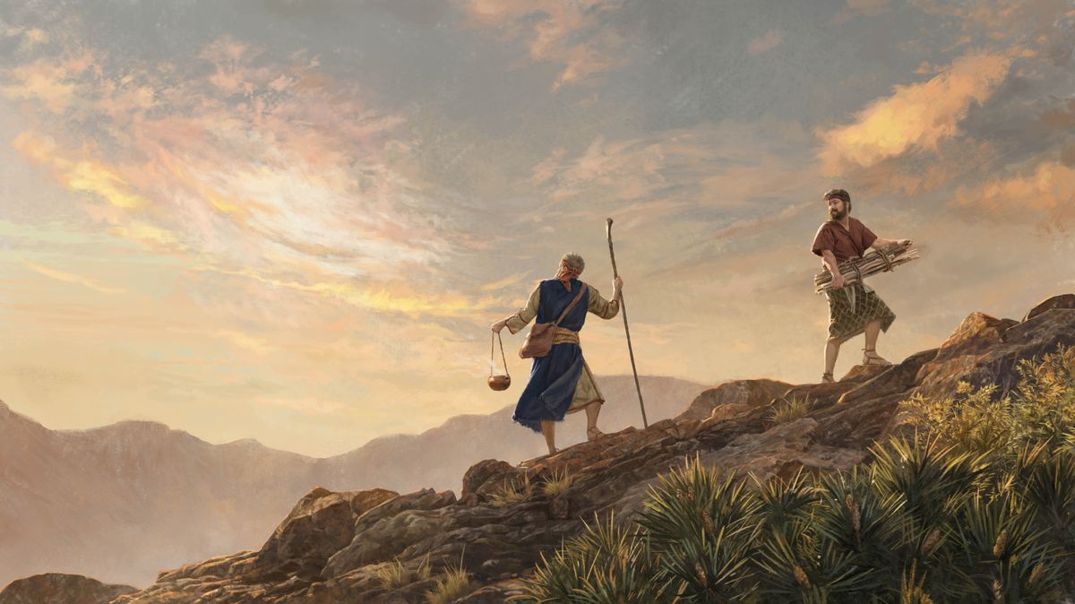 Abraham and Isaac traveling up a mountainside. Abraham is holding a vessel of hot embers, and Isaac is carrying a bundle of wood. Isaac is looking over his shoulder at Abraham, who is gazing at the heavens.