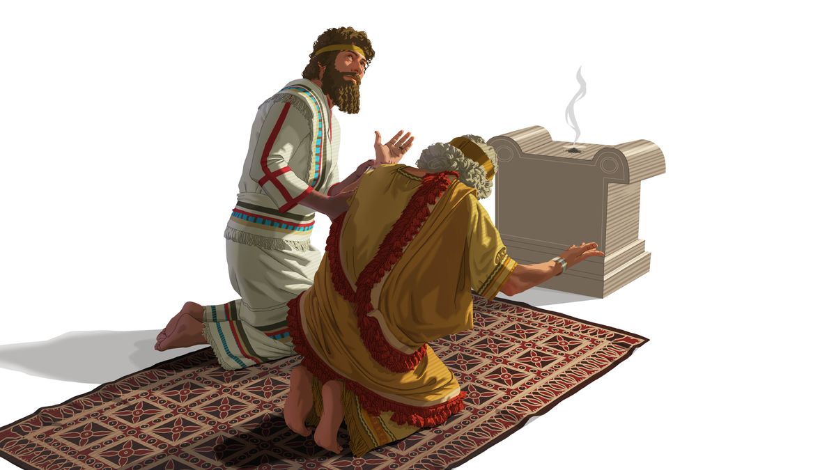 Naaman and the elderly king of Syria kneeling before an incense altar. As the king bows in worship to his false god, Naaman looks upward and away from the altar.