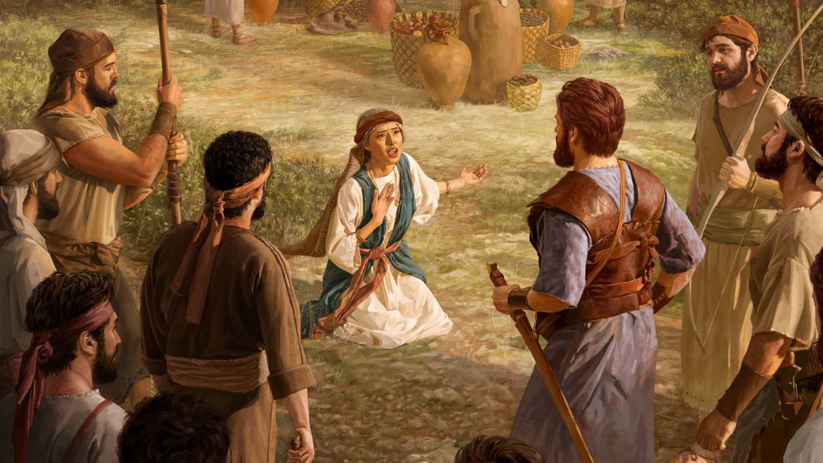 Abigail kneeling and pleading to David and his men. Food and jars of wine are behind her.