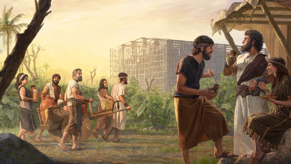 Noah with two of his sons and their wives, pulling a wagon full of supplies. People mock and ridicule them as they pass by. The partially constructed ark can be seen in the distance.