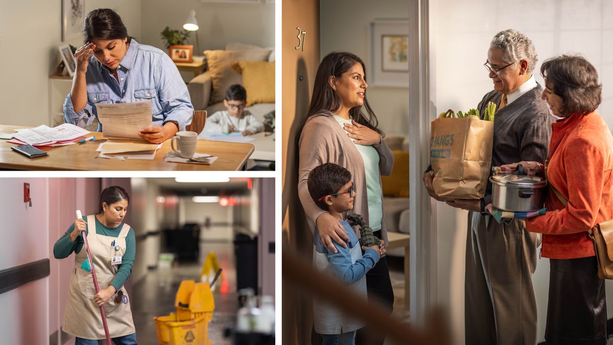 Collage: A single mother coping with financial hardship. The next three images show each scene separately.
