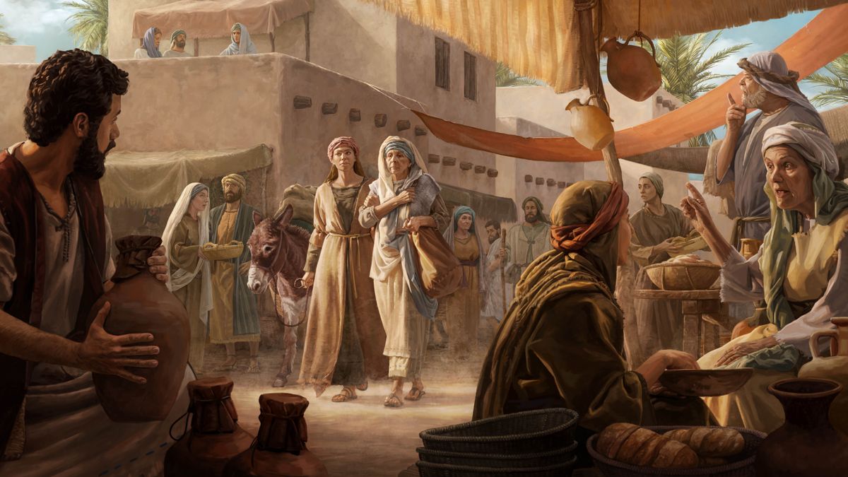 Ruth and Naomi arriving in Bethlehem. Ruth leads a donkey with supplies and holds Naomi by the arm as they walk down the street. Onlookers stare in shock at them.