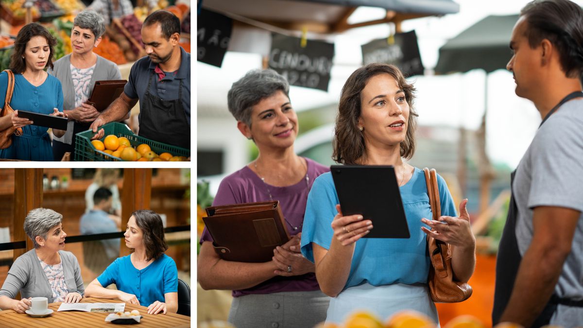 Collage: A mature sister helping another sister gain skill and confidence in the ministry. The next three images show each scene separately.