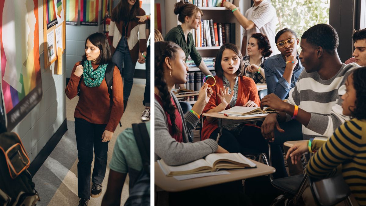 Collage: A teenage sister facing pressure at school. The next two images show each scene separately.