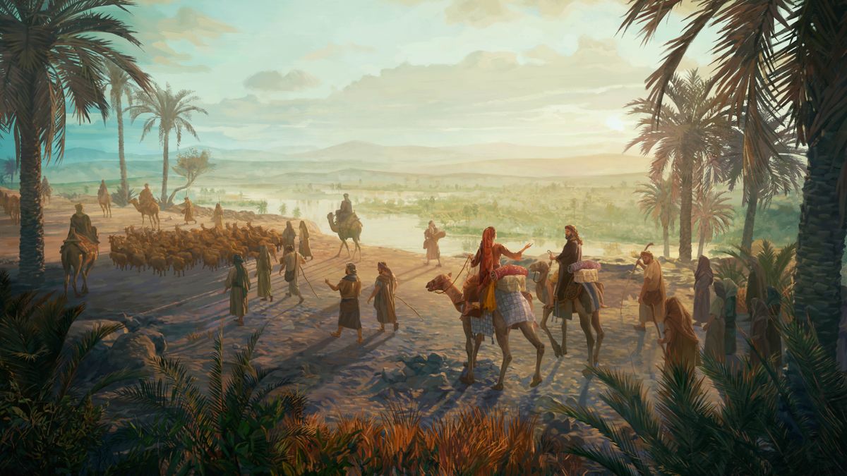 Abraham and Sarah traveling on camels along the lush bank of the Euphrates River, accompanied by their large household.